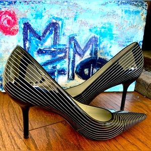 BCBGirls Black Patent leather White Pinstripe Sz. 35.5 Brazil Great Condition